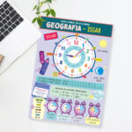 Karta edukacyjna 4 strony składana GEOGRAFIA - ZEGAR