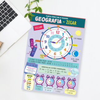 Karta edukacyjna 4 strony składana GEOGRAFIA - ZEGAR